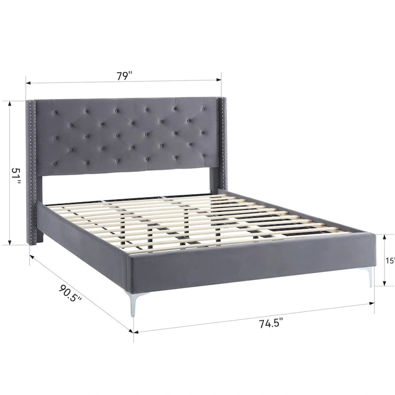 Lit plateforme California King capitonné en velours noir/bleu/gris/beige avec garniture cloutée, pour 2 personnes