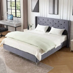 Lit plateforme California King capitonné en velours noir/bleu/gris/beige avec garniture cloutée, pour 2 personnes