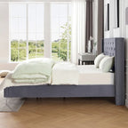 Lit plateforme California King capitonné en velours noir/bleu/gris/beige avec garniture cloutée, pour 2 personnes