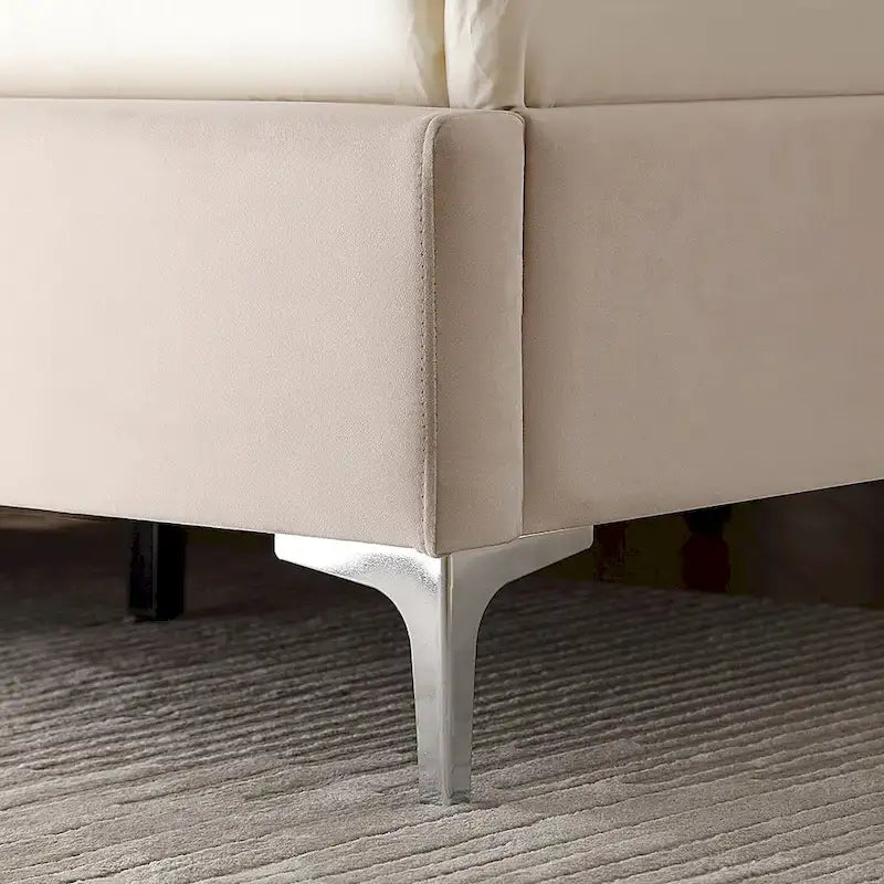 Lit plateforme California King capitonné en velours noir/bleu/gris/beige avec garniture cloutée, pour 2 personnes