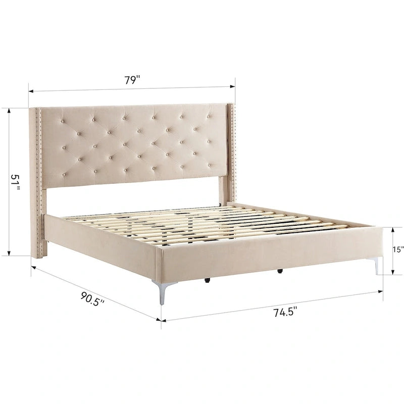 Lit plateforme California King capitonné en velours noir/bleu/gris/beige avec garniture cloutée, pour 2 personnes