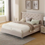 Lit plateforme California King capitonné en velours noir/bleu/gris/beige avec garniture cloutée, pour 2 personnes