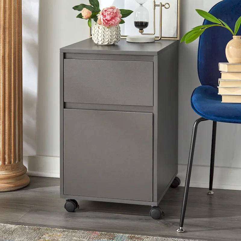 Meuble de classement mobile à 2 tiroirs gris / blanc / gris+noyer avec roulettes verrouillables, style transitionnel