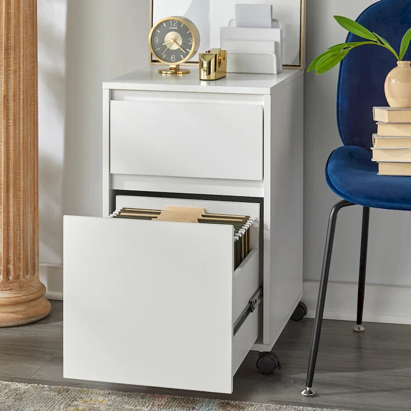 Meuble de classement mobile à 2 tiroirs gris / blanc / gris+noyer avec roulettes verrouillables, style transitionnel