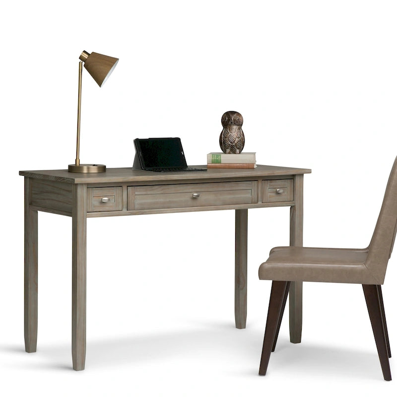 Bureau en bois massif avec tiroirs et tablette coulissante pour clavier, 1 personne, gris vieilli/marron tabac/blanc