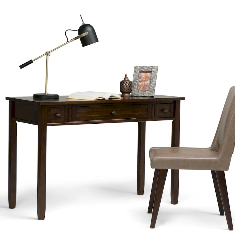 Bureau en bois massif avec tiroirs et tablette coulissante pour clavier, 1 personne, gris vieilli/marron tabac/blanc