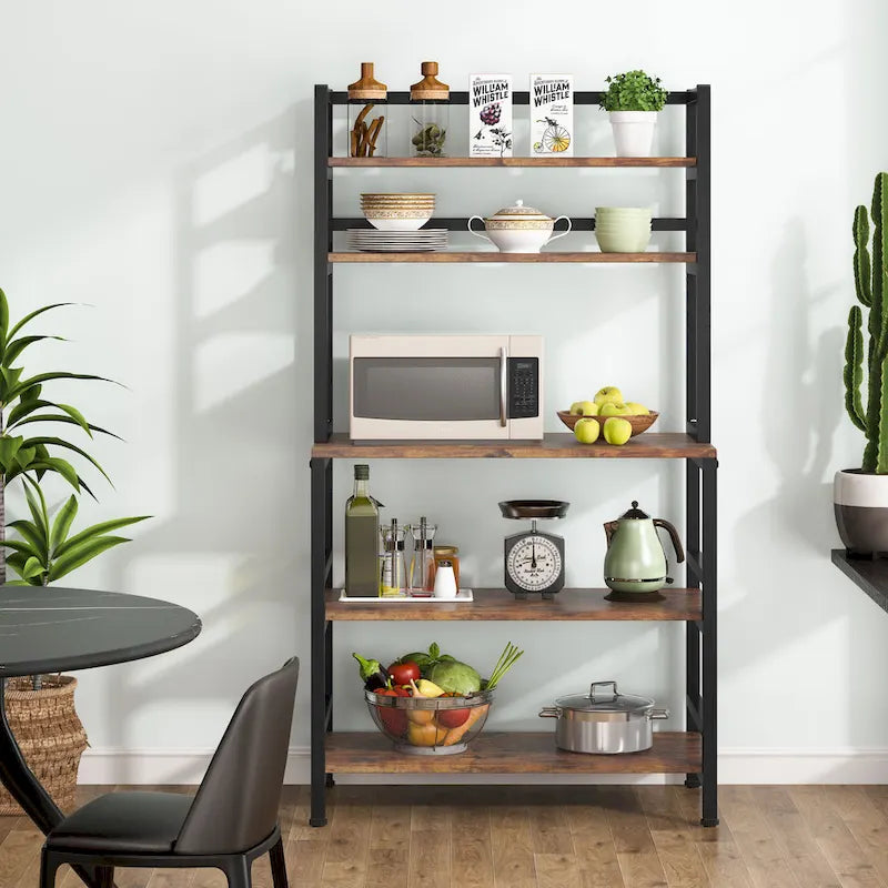 Étagère de cuisine à 5 niveaux de style industriel, brun rustique / blanc / noir / gris, avec huche et support pour micro-ondes