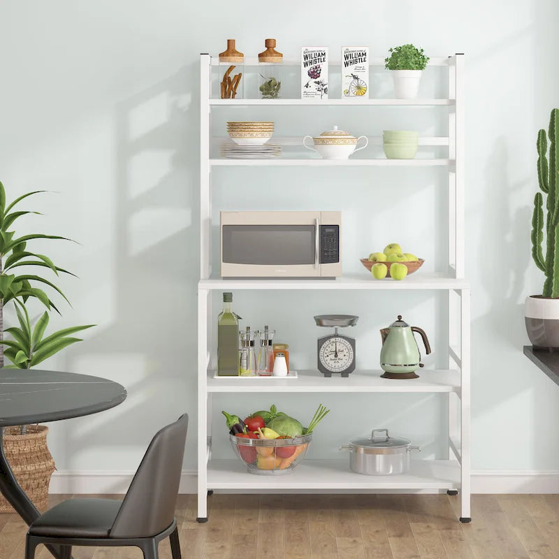 Étagère de cuisine à 5 niveaux de style industriel, brun rustique / blanc / noir / gris, avec huche et support pour micro-ondes