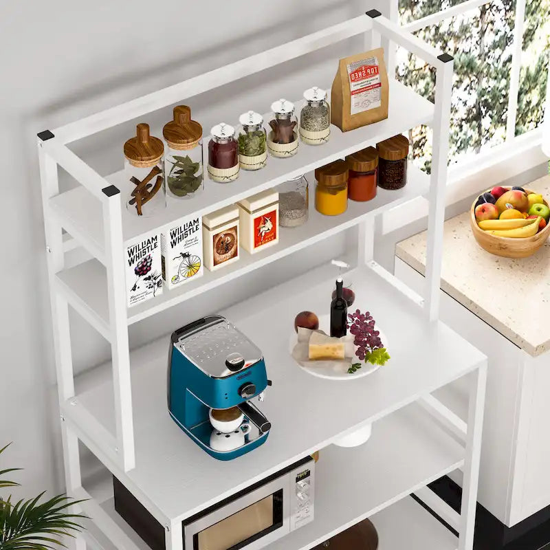 Étagère de cuisine à 5 niveaux de style industriel, brun rustique / blanc / noir / gris, avec huche et support pour micro-ondes