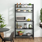 Étagère de cuisine à 5 niveaux de style industriel, brun rustique / blanc / noir / gris, avec huche et support pour micro-ondes