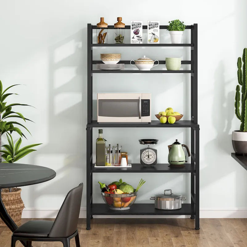 Étagère de cuisine à 5 niveaux de style industriel, brun rustique / blanc / noir / gris, avec huche et support pour micro-ondes