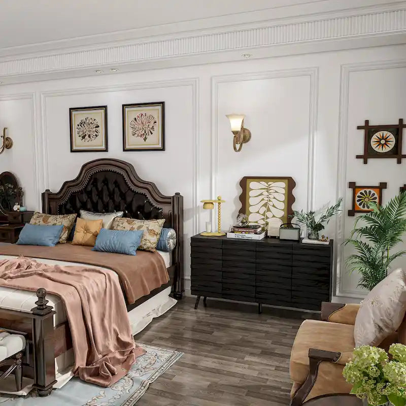 Bahut moderne noir avec étagères réglables et pieds en bois massif, 2 options de taille