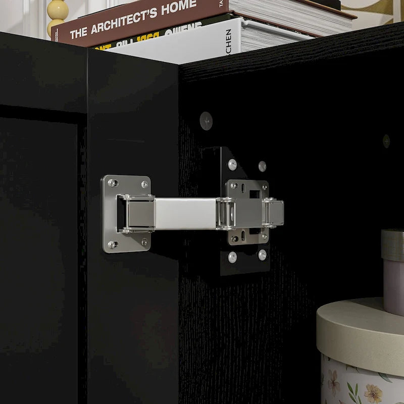 Bahut moderne noir avec étagères réglables et pieds en bois massif, 2 options de taille