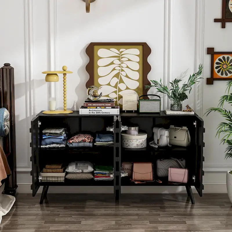 Bahut moderne noir avec étagères réglables et pieds en bois massif, 2 options de taille