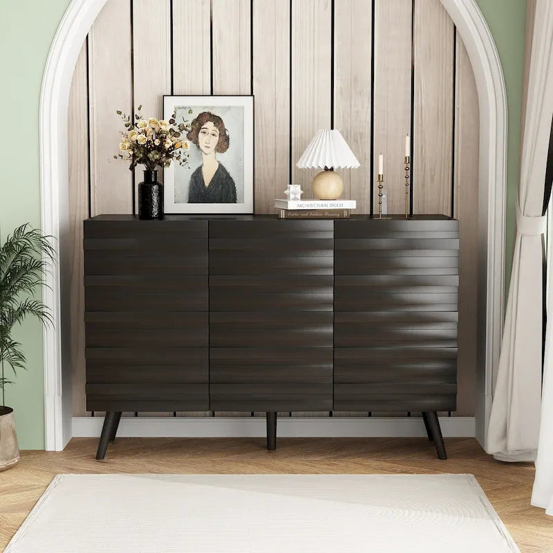 Bahut moderne noir avec étagères réglables et pieds en bois massif, 2 options de taille