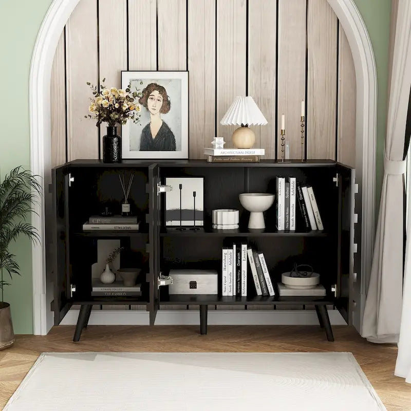 Bahut moderne noir avec étagères réglables et pieds en bois massif, 2 options de taille