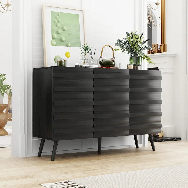 Bahut moderne noir avec étagères réglables et pieds en bois massif, 2 options de taille