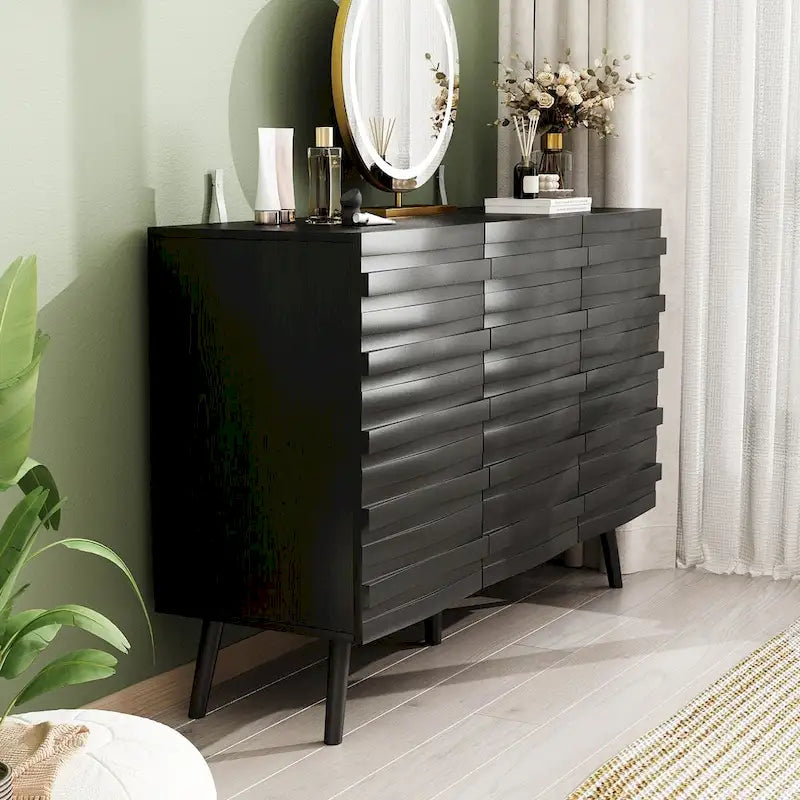 Bahut moderne noir avec étagères réglables et pieds en bois massif, 2 options de taille