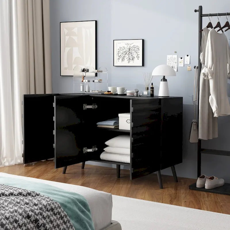 Bahut moderne noir avec étagères réglables et pieds en bois massif, 2 options de taille