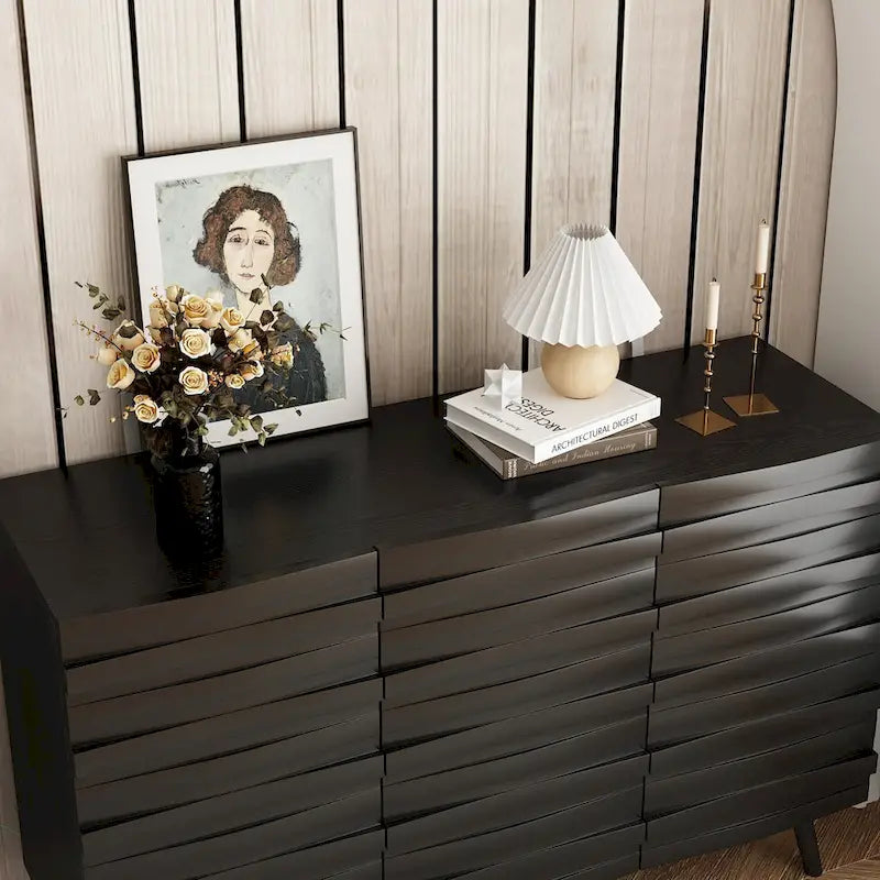 Bahut moderne noir avec étagères réglables et pieds en bois massif, 2 options de taille