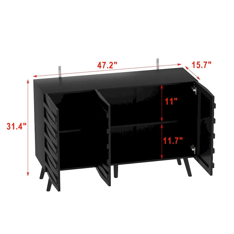 Bahut moderne noir avec étagères réglables et pieds en bois massif, 2 options de taille