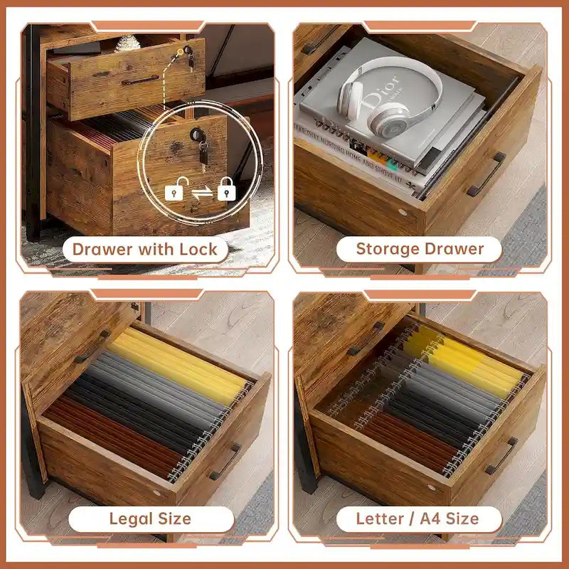 Bureau d'ordinateur d'angle de 160 cm (63 po) marron/gris/noir avec bande LED RGB, prise de courant, tiroir-classeur verrouillable et tablette coulissante pour clavier, pour 1 personne