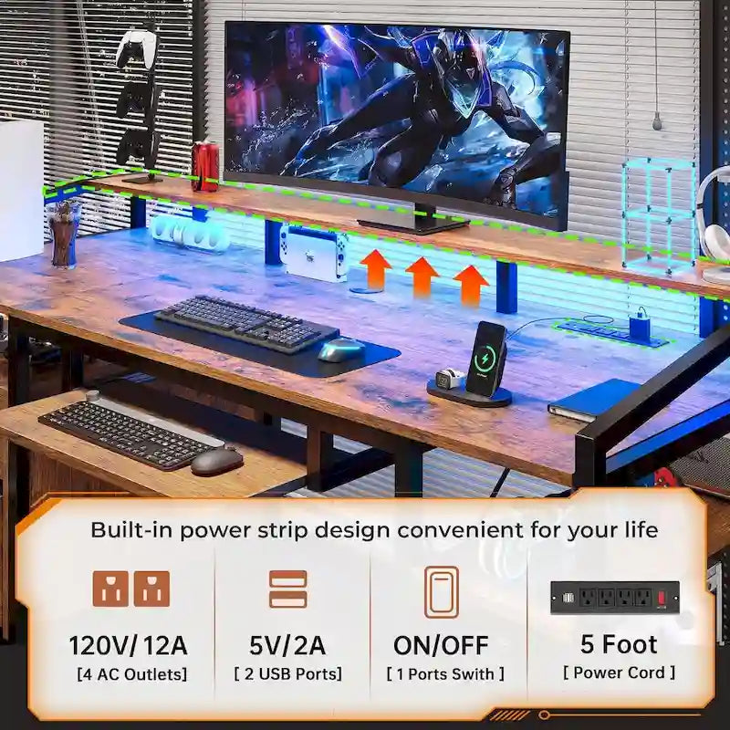 Bureau d'ordinateur d'angle de 160 cm (63 po) marron/gris/noir avec bande LED RGB, prise de courant, tiroir-classeur verrouillable et tablette coulissante pour clavier, pour 1 personne