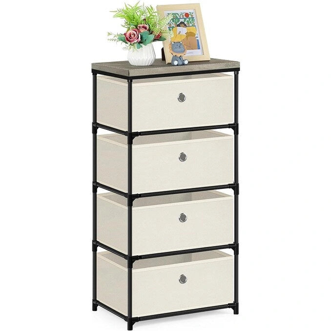 Commode de rangement en tissu à 4 tiroirs avec cadre en acier, pour chambre à coucher ou salon (Gris / Beige / Noir / Blanc cassé)