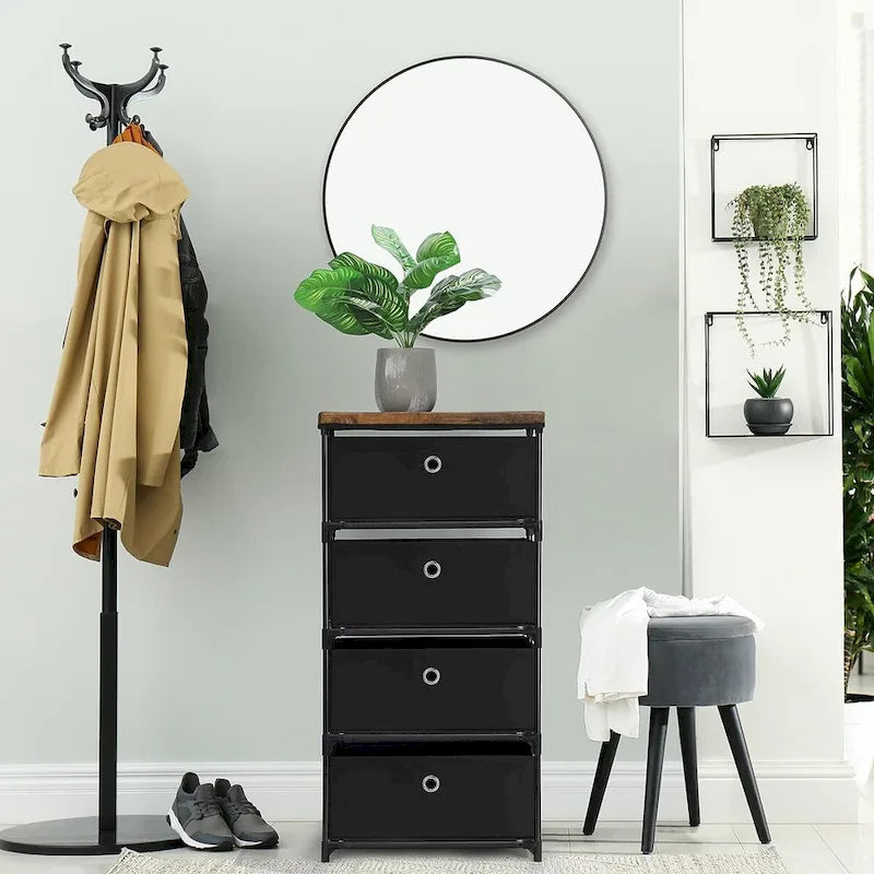 Commode de rangement en tissu à 4 tiroirs avec cadre en acier, pour chambre à coucher ou salon (Gris / Beige / Noir / Blanc cassé)