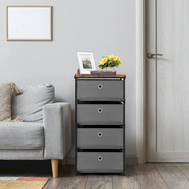 Commode de rangement en tissu à 4 tiroirs avec cadre en acier, pour chambre à coucher ou salon (Gris / Beige / Noir / Blanc cassé)