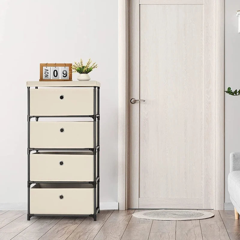 Commode de rangement en tissu à 4 tiroirs avec cadre en acier, pour chambre à coucher ou salon (Gris / Beige / Noir / Blanc cassé)