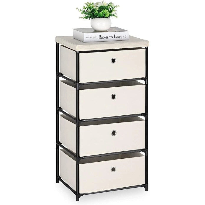 Commode de rangement en tissu à 4 tiroirs avec cadre en acier, pour chambre à coucher ou salon (Gris / Beige / Noir / Blanc cassé)