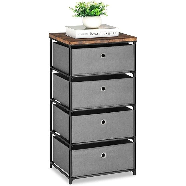 Commode de rangement en tissu à 4 tiroirs avec cadre en acier, pour chambre à coucher ou salon (Gris / Beige / Noir / Blanc cassé)