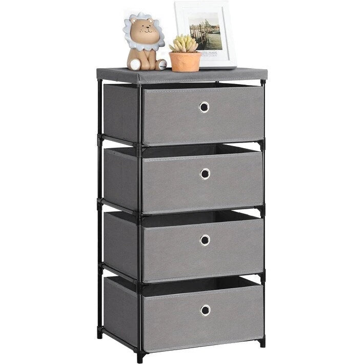 Commode de rangement en tissu à 4 tiroirs avec cadre en acier, pour chambre à coucher ou salon (Gris / Beige / Noir / Blanc cassé)