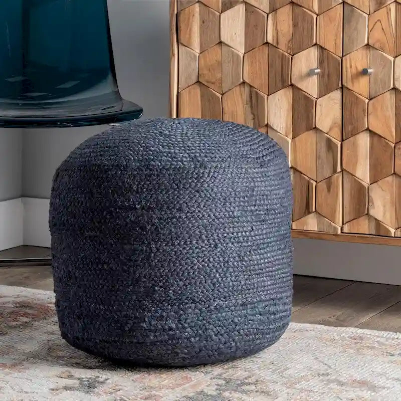 Pouf rond en jute tressée bleu/vert, fait main, pour 1 personne