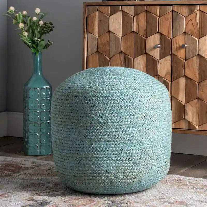 Pouf rond en jute tressée bleu/vert, fait main, pour 1 personne
