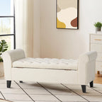 Banc de rangement capitonné beige/bleu clair/gris avec couvercle à charnière et accoudoirs roulés, pour 1 à 2 personnes