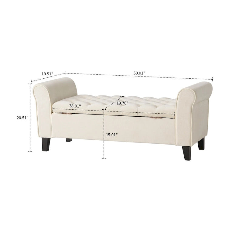 Banc de rangement capitonné beige/bleu clair/gris avec couvercle à charnière et accoudoirs roulés, pour 1 à 2 personnes