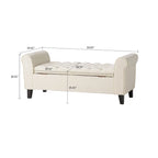 Banc de rangement capitonné beige/bleu clair/gris avec couvercle à charnière et accoudoirs roulés, pour 1 à 2 personnes
