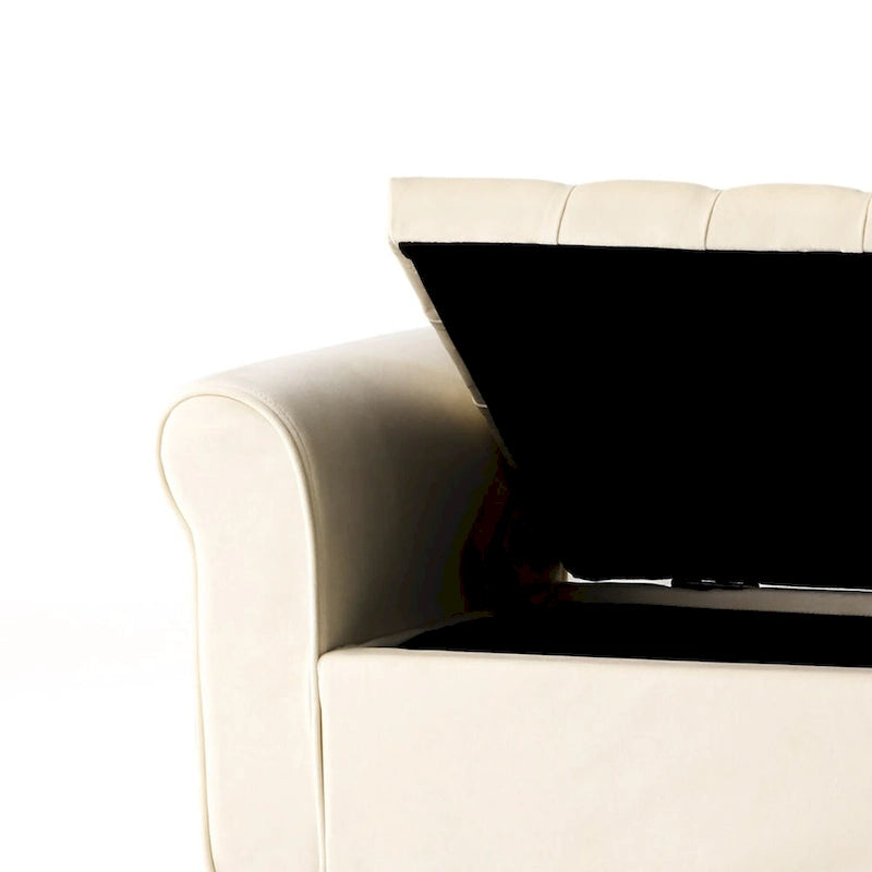 Banc de rangement capitonné beige/bleu clair/gris avec couvercle à charnière et accoudoirs roulés, pour 1 à 2 personnes