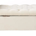 Banc de rangement capitonné beige/bleu clair/gris avec couvercle à charnière et accoudoirs roulés, pour 1 à 2 personnes