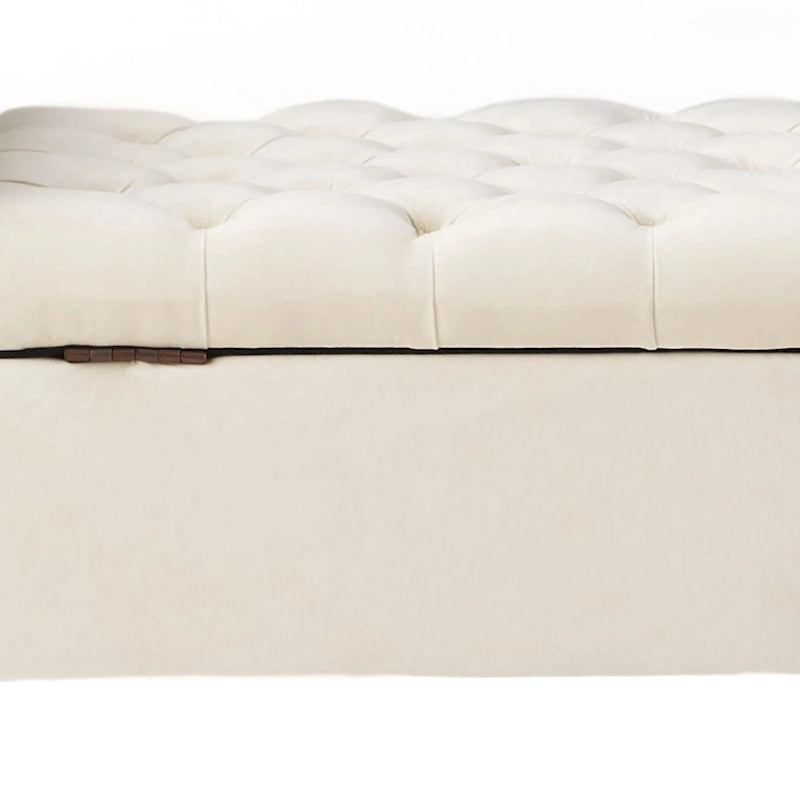 Banc de rangement capitonné beige/bleu clair/gris avec couvercle à charnière et accoudoirs roulés, pour 1 à 2 personnes