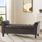 Banc de rangement capitonné beige/bleu clair/gris avec couvercle à charnière et accoudoirs roulés, pour 1 à 2 personnes