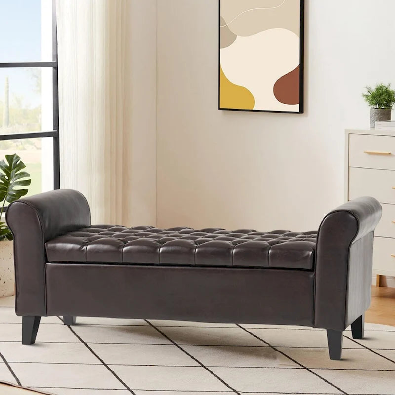 Banc de rangement capitonné beige/bleu clair/gris avec couvercle à charnière et accoudoirs roulés, pour 1 à 2 personnes