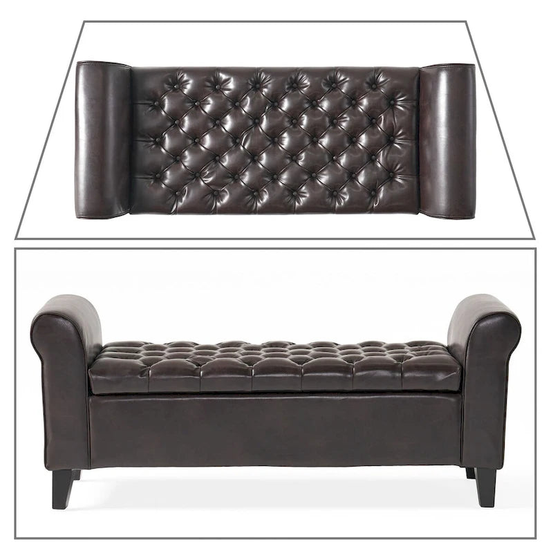 Banc de rangement capitonné beige/bleu clair/gris avec couvercle à charnière et accoudoirs roulés, pour 1 à 2 personnes