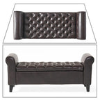 Banc de rangement capitonné beige/bleu clair/gris avec couvercle à charnière et accoudoirs roulés, pour 1 à 2 personnes