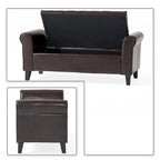 Banc de rangement capitonné beige/bleu clair/gris avec couvercle à charnière et accoudoirs roulés, pour 1 à 2 personnes