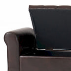 Banc de rangement capitonné beige/bleu clair/gris avec couvercle à charnière et accoudoirs roulés, pour 1 à 2 personnes