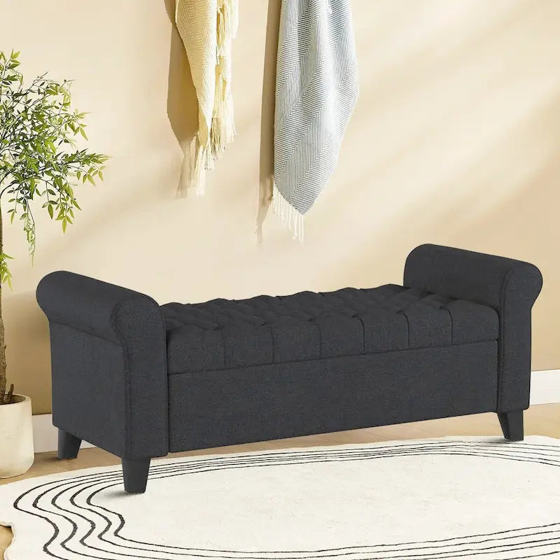 Banc de rangement capitonné beige/bleu clair/gris avec couvercle à charnière et accoudoirs roulés, pour 1 à 2 personnes