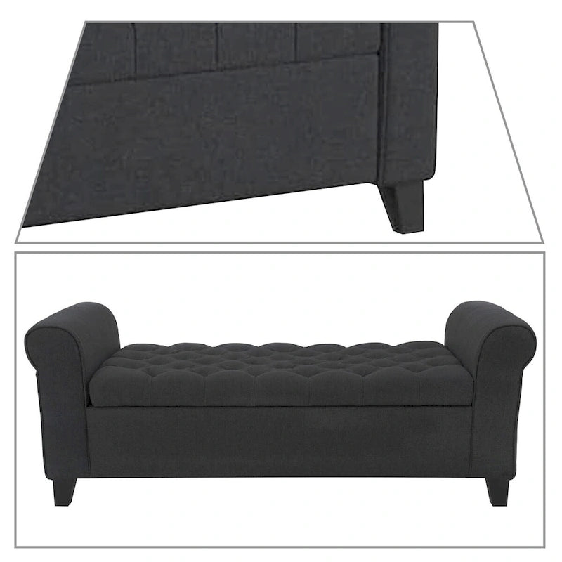 Banc de rangement capitonné beige/bleu clair/gris avec couvercle à charnière et accoudoirs roulés, pour 1 à 2 personnes